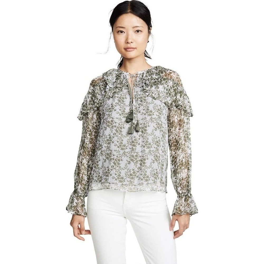 RAMY BROOK Silk Printed Celeste Blouse Chiffon Sagco Green Floral Metallic Small